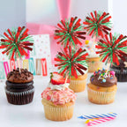 ZHUOWEISM 30 Pcs Foil Firework Cupcake Toppers – Red & Green Sparkle Party Picks, Preassembled Cake Decorations