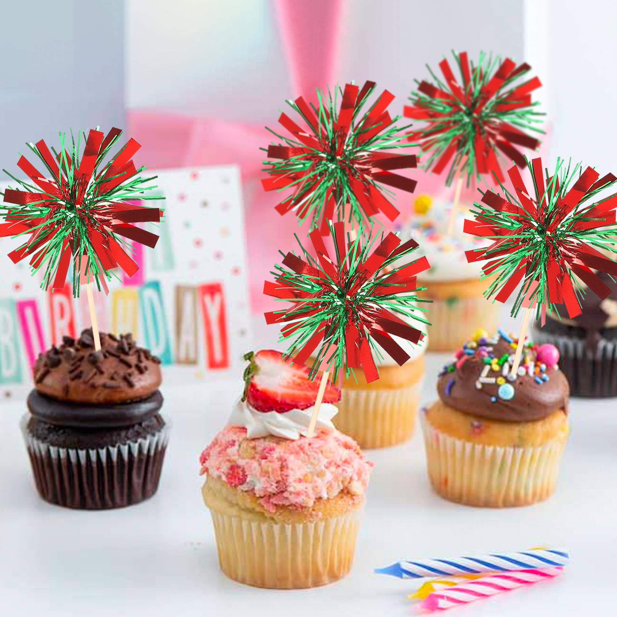 ZHUOWEISM 30 Pcs Foil Firework Cupcake Toppers – Red & Green Sparkle Party Picks, Preassembled Cake Decorations