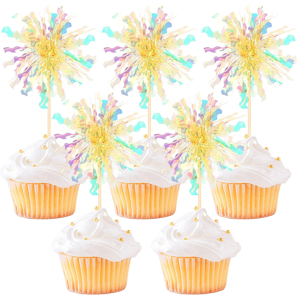 ZHUOWEISM 30 Pcs Foil Firework Cupcake Toppers – Sparkle Tinsel Picks for Birthday, Baby Shower, Graduation, Wedding