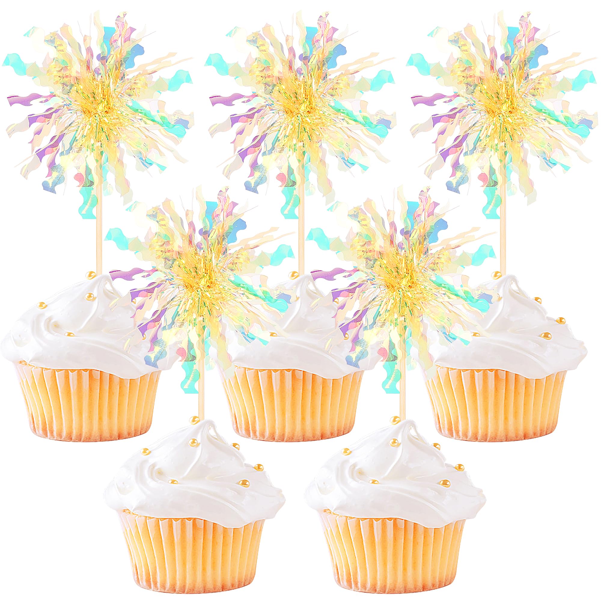 ZHUOWEISM 30 Pcs Foil Firework Cupcake Toppers – Sparkle Tinsel Picks for Birthday, Baby Shower, Graduation, Wedding