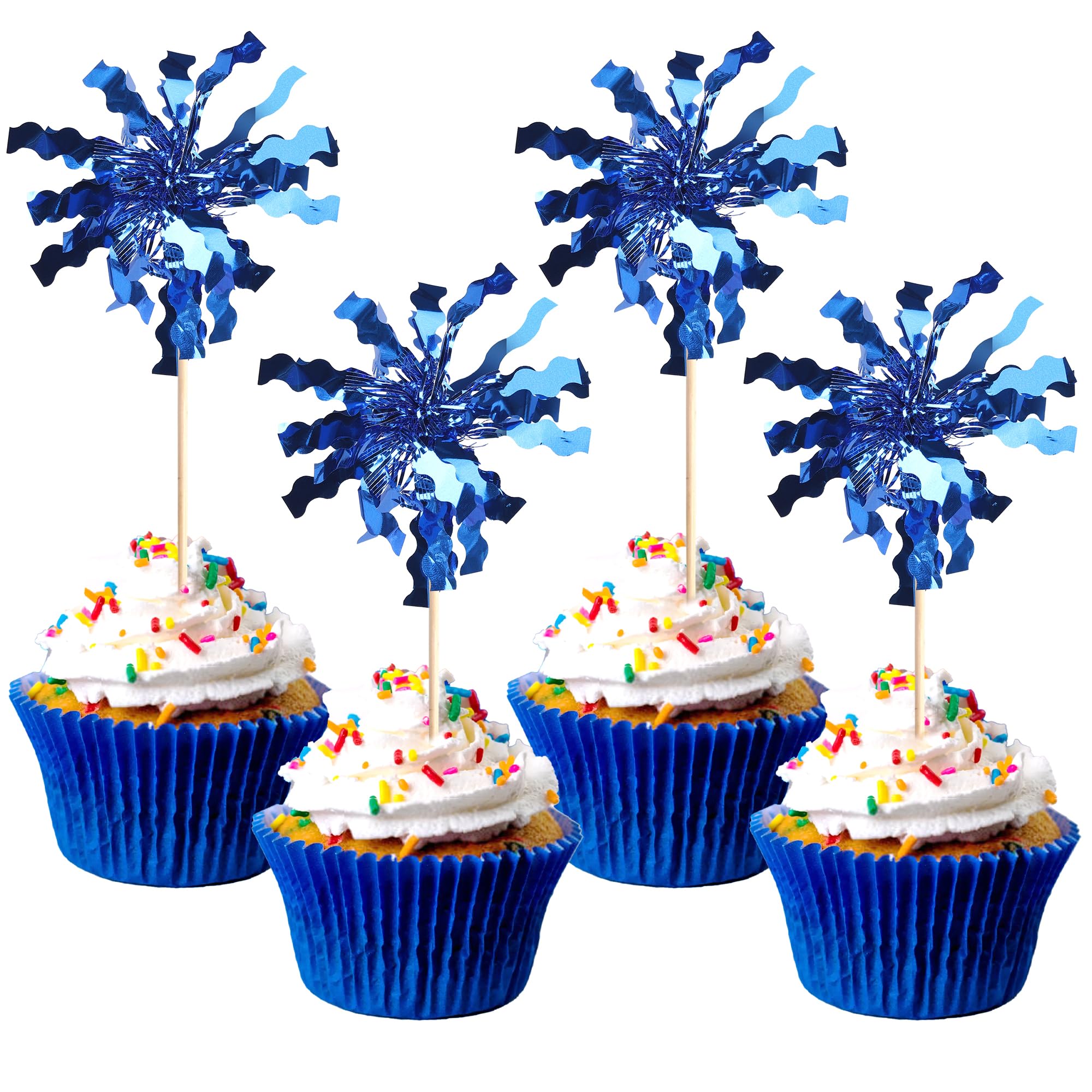 ZHUOWEISM 30 PCS Foil Firework Cupcake Toppers - Dark Blue Sparkle Picks for Birthday Parties