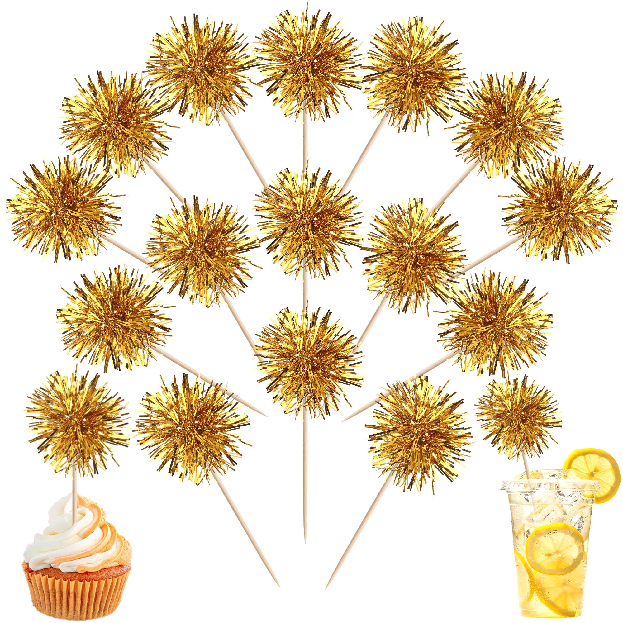 ZHUOWEISM 40 Pcs Foil Firework Cupcake Toppers – Gold Sparkle Party Picks
