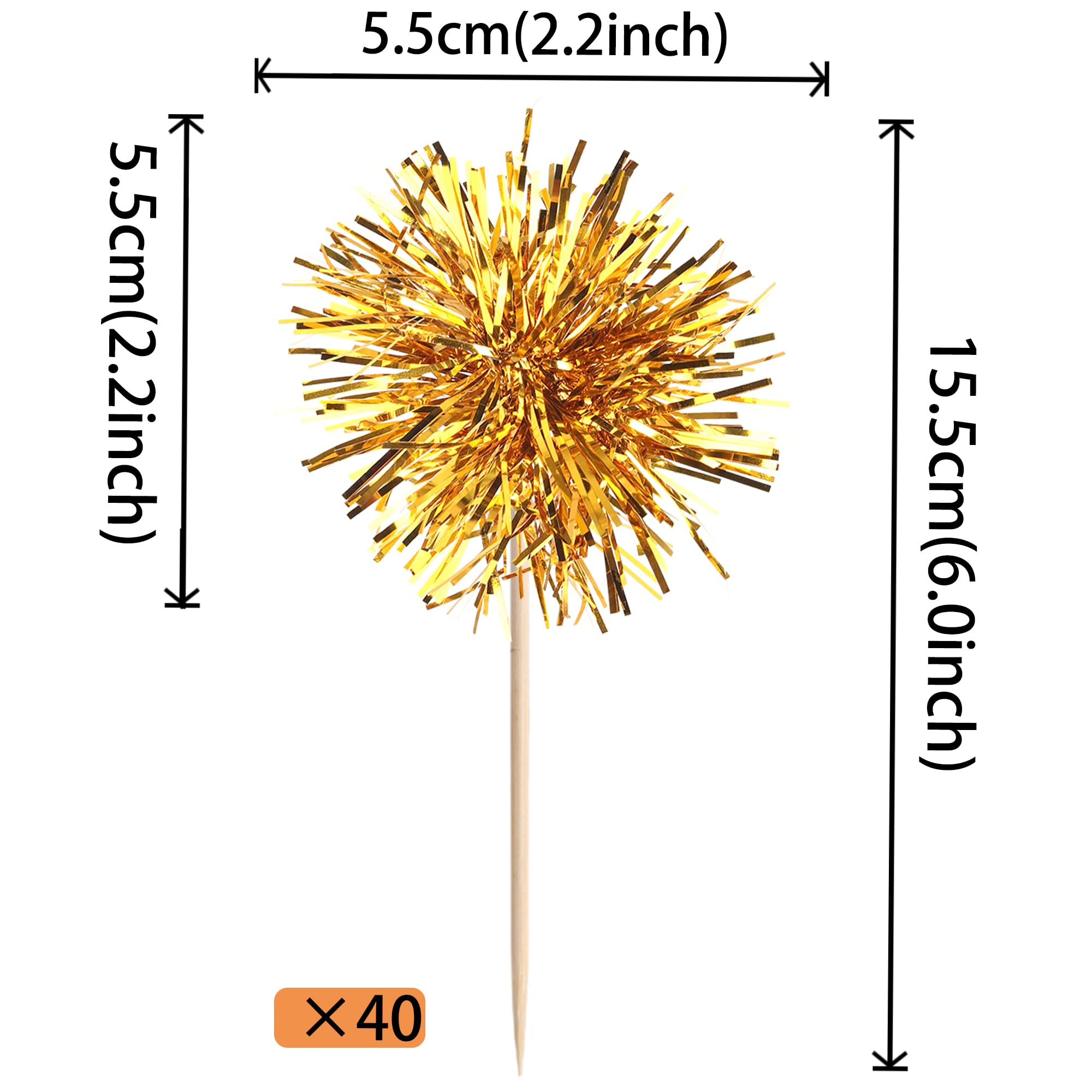 ZHUOWEISM 40 Pcs Foil Firework Cupcake Toppers – Gold Sparkle Party Picks