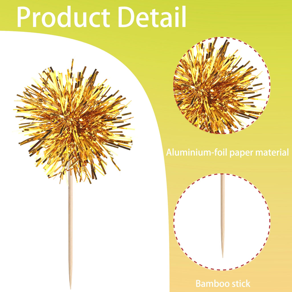 ZHUOWEISM 40 Pcs Foil Firework Cupcake Toppers – Gold Sparkle Party Picks