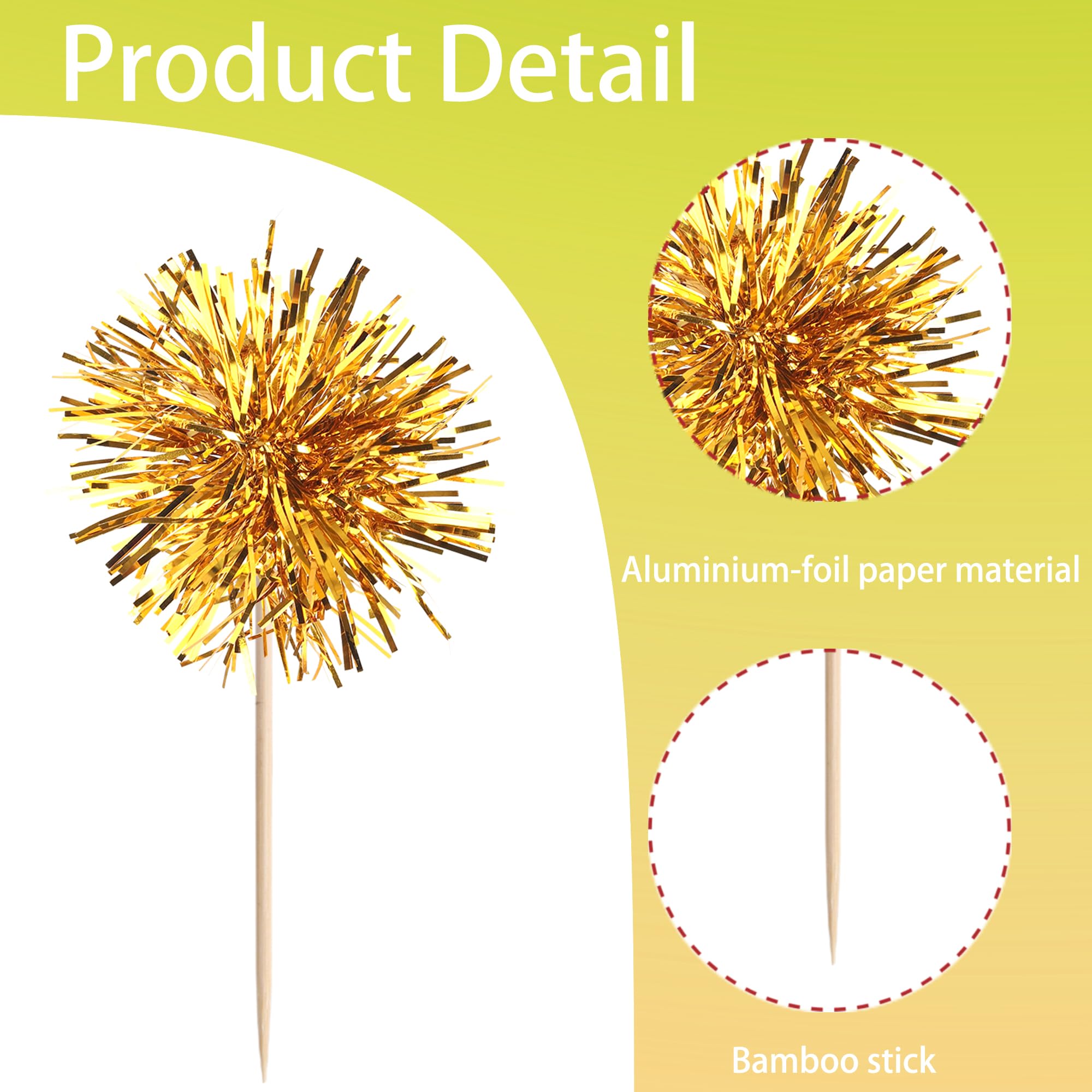ZHUOWEISM 40 Pcs Foil Firework Cupcake Toppers – Gold Sparkle Party Picks