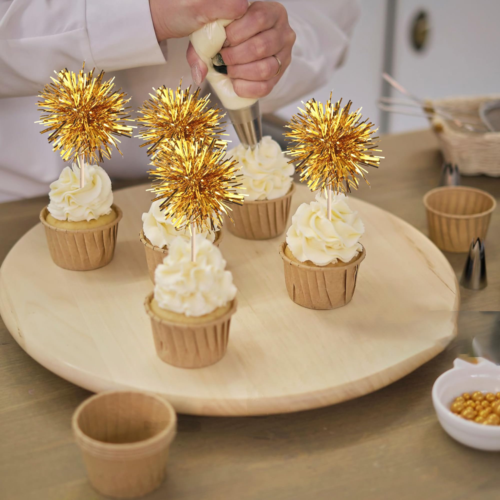 ZHUOWEISM 40 Pcs Foil Firework Cupcake Toppers – Gold Sparkle Party Picks