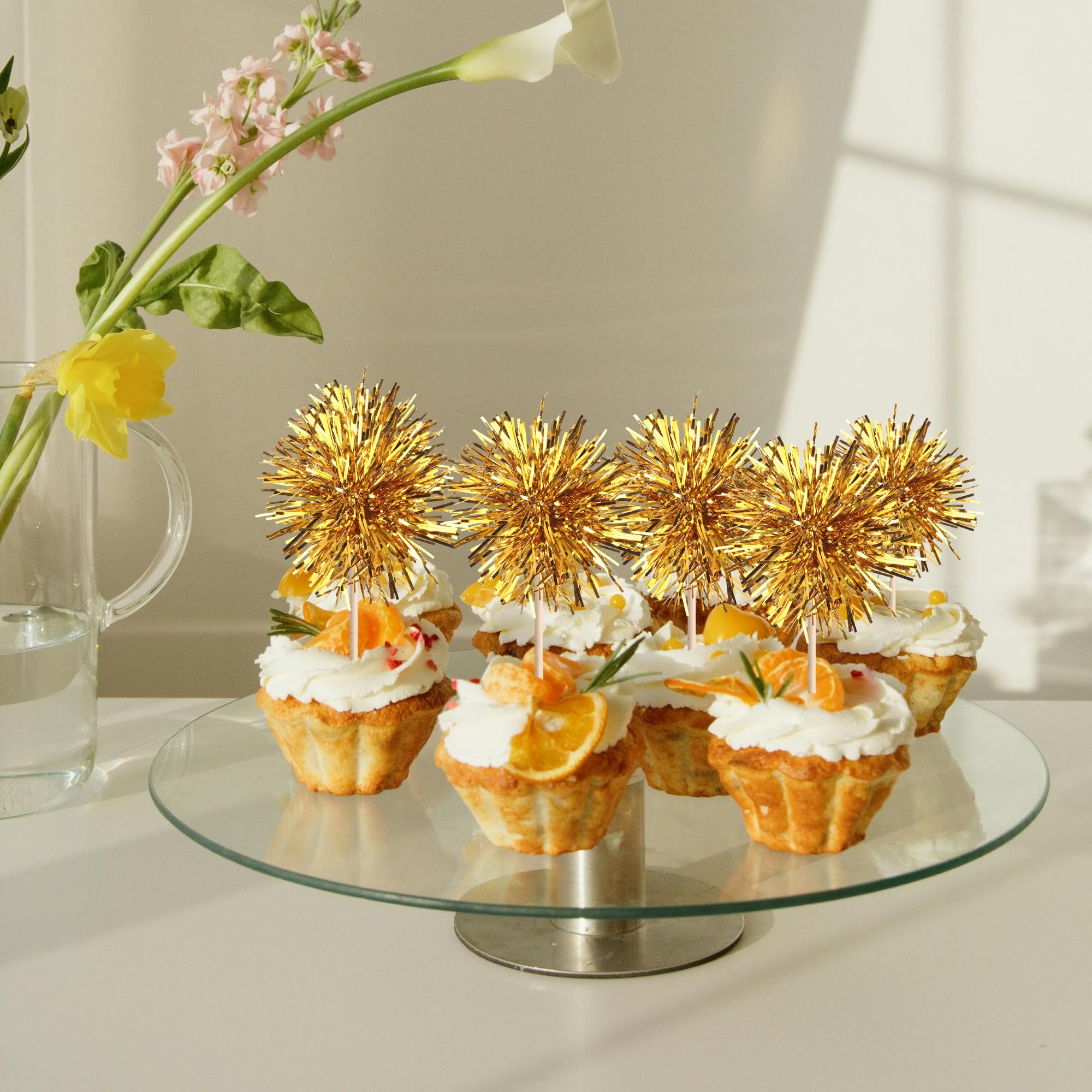 ZHUOWEISM 40 Pcs Foil Firework Cupcake Toppers – Gold Sparkle Party Picks