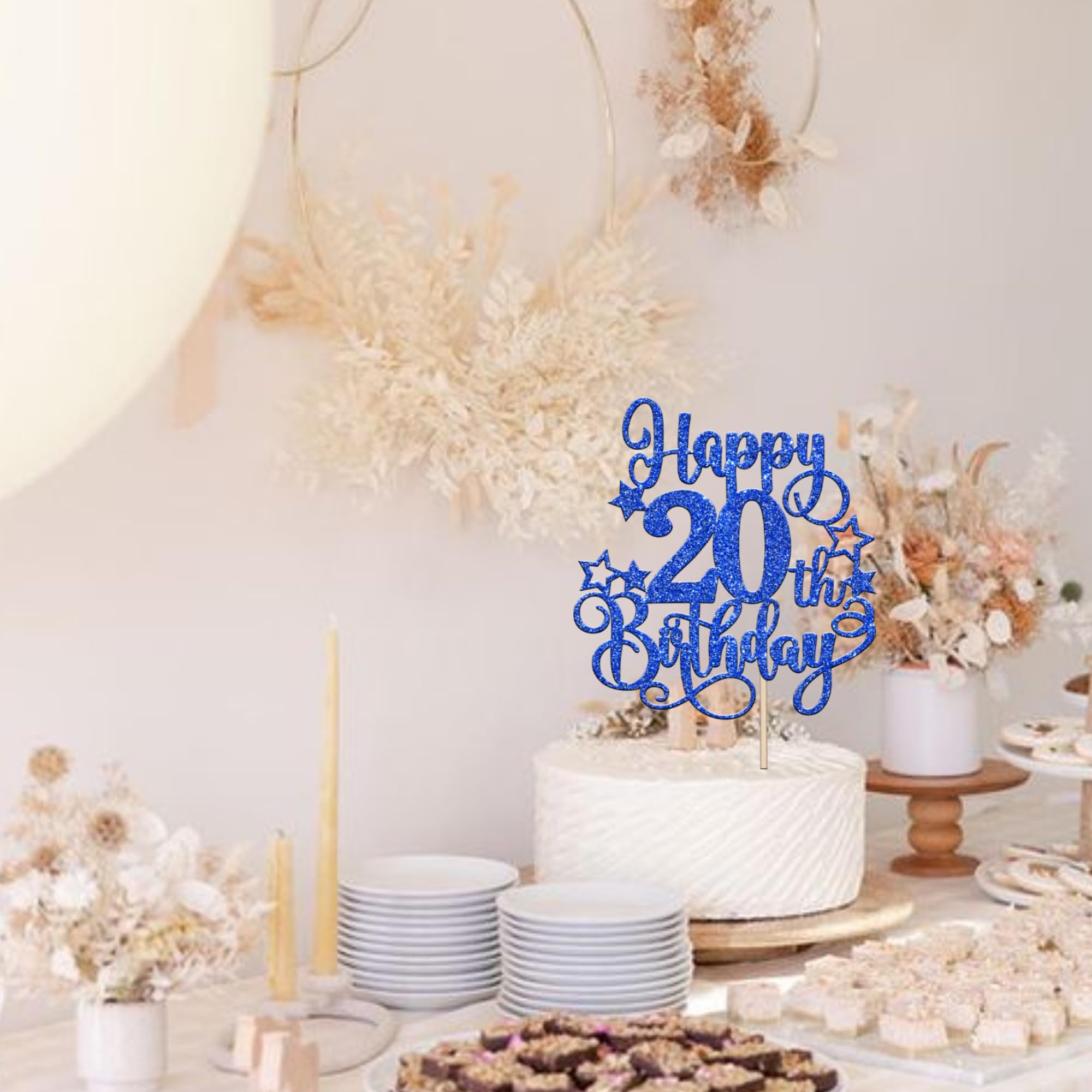 ZHUOWEISM Happy 20th Birthday Cake Topper – Blue Glitter, Pre-assembled, 5.3x9.6 in