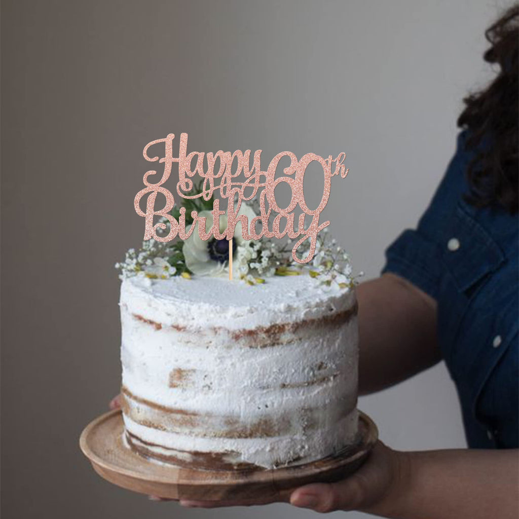 ZHUOWEISM 1 PC Happy 60th Birthday Cake Topper - Glitter Rose Gold