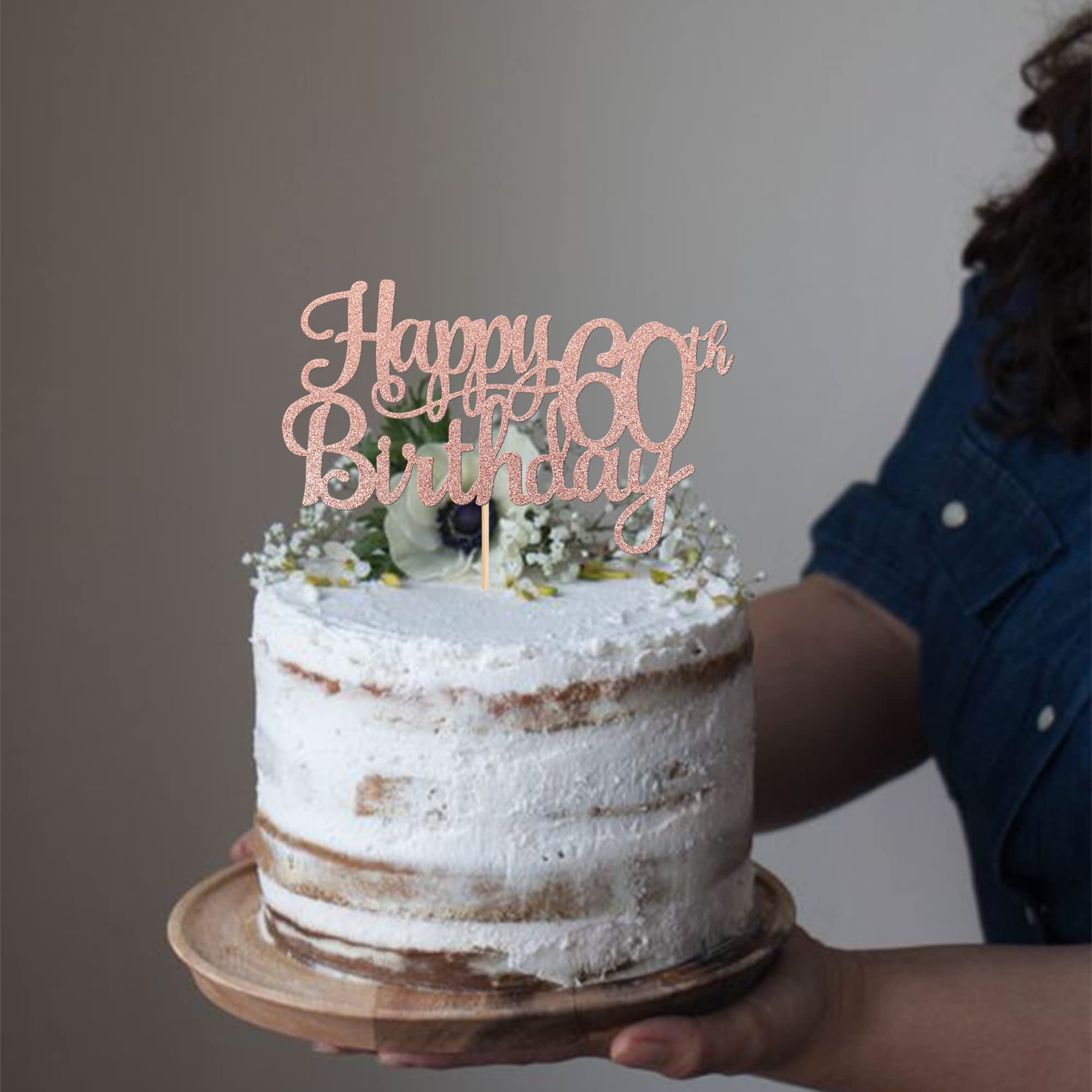 ZHUOWEISM 1 PC Happy 60th Birthday Cake Topper - Glitter Rose Gold