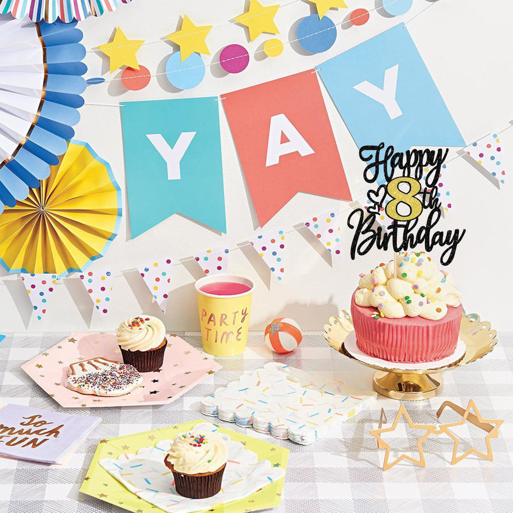 ZHUOWEISM Happy 8th Birthday Cake Topper – Black Gold Glitter Cheers to 8 Years