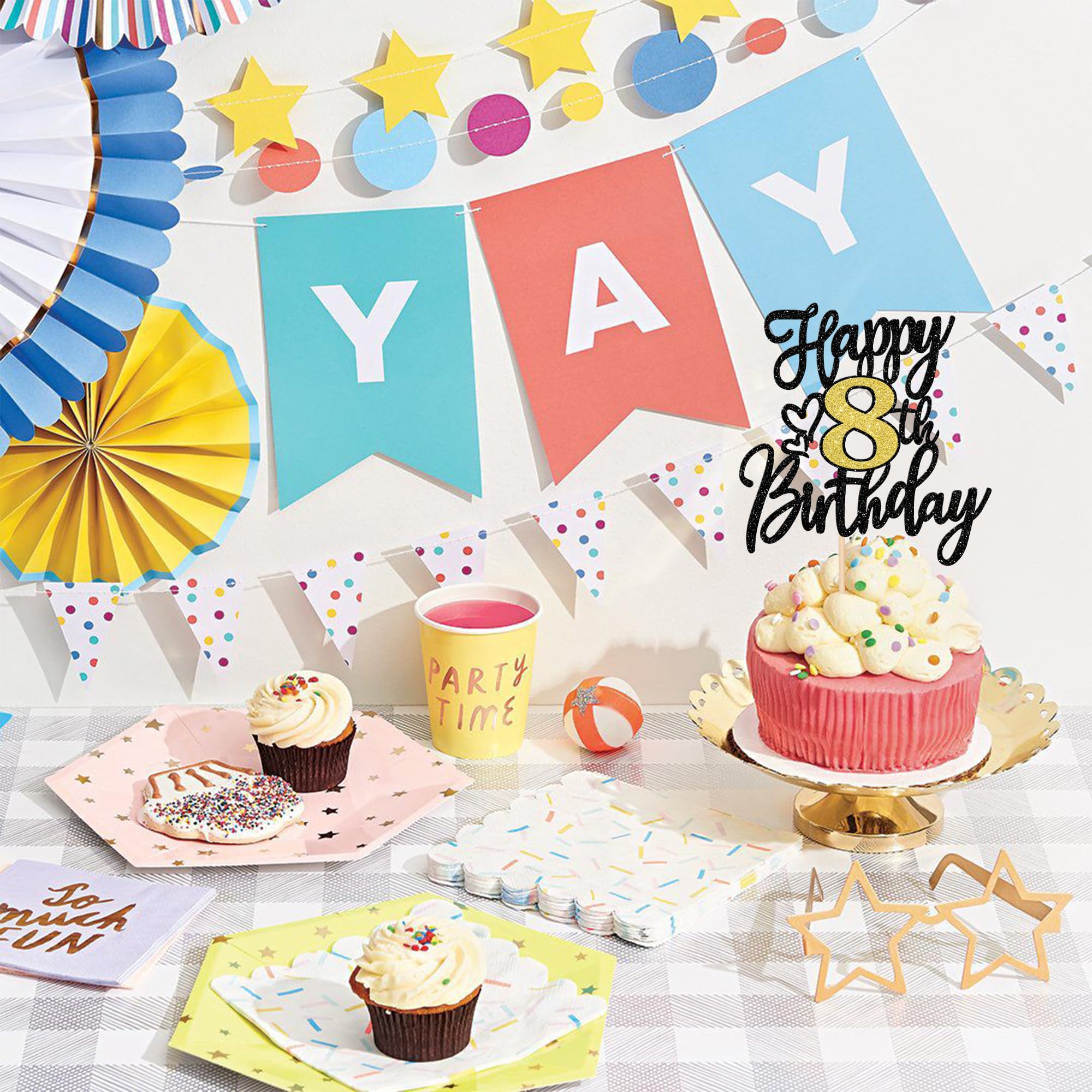 ZHUOWEISM Happy 8th Birthday Cake Topper – Black Gold Glitter Cheers to 8 Years