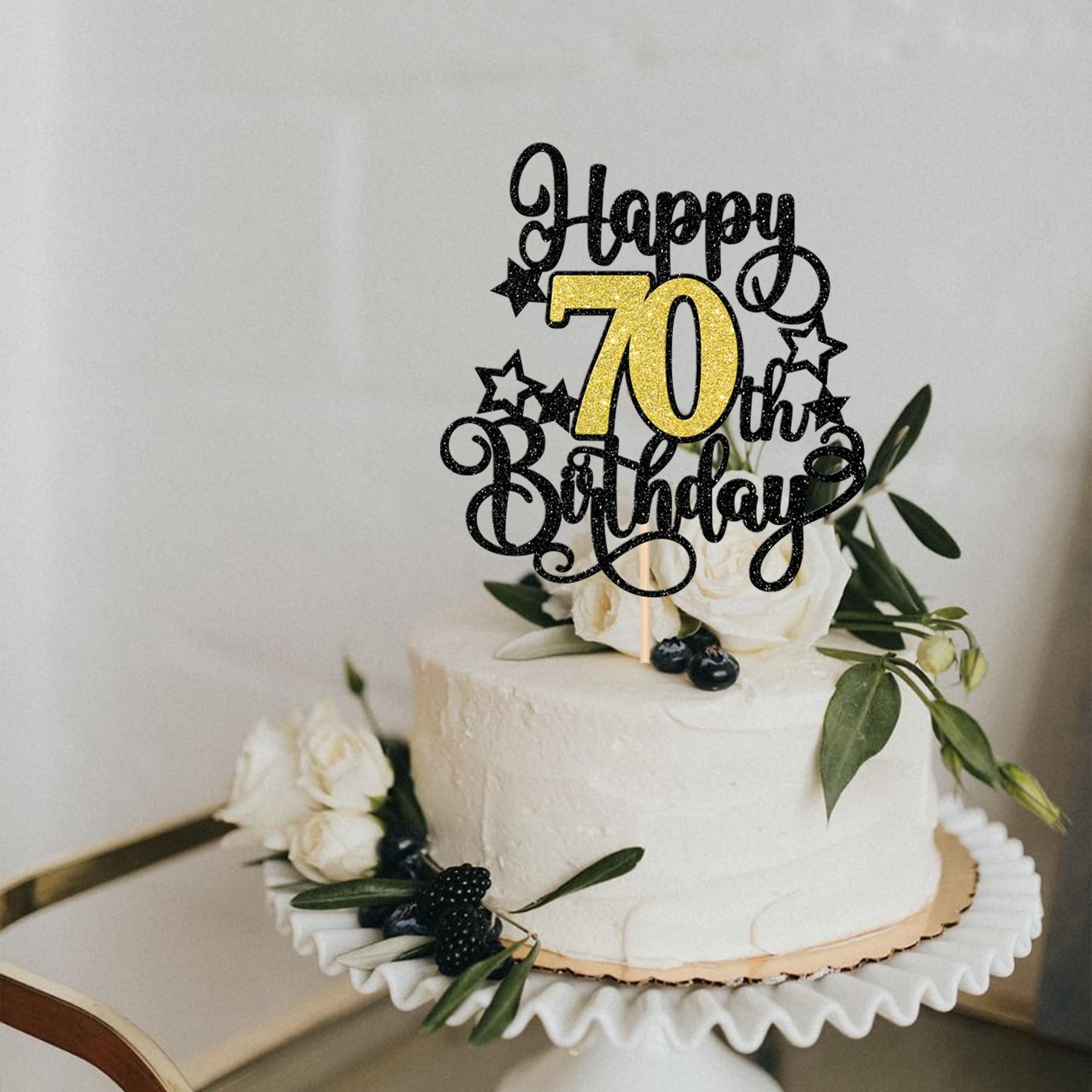 ZHUOWEISM 1-Piece Happy 70th Birthday Cake Topper – Black Gold Glitter, Cheers to 70 Years