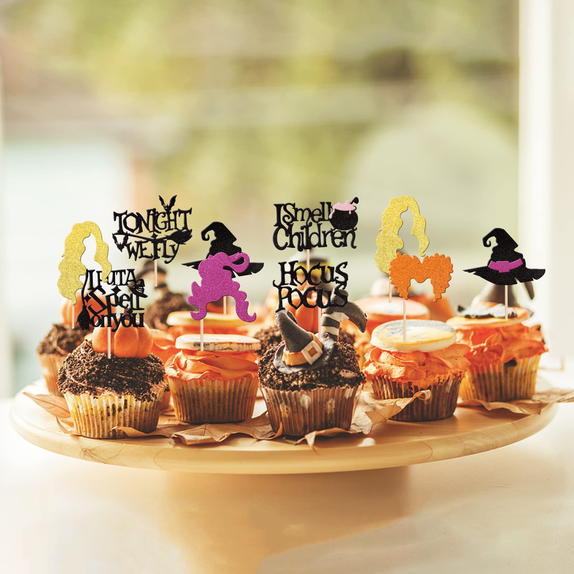 ZHUOWEISM 32 Pcs Hocus Pocus Cupcake Toppers – Glitter Witch Hat Picks for Halloween Party