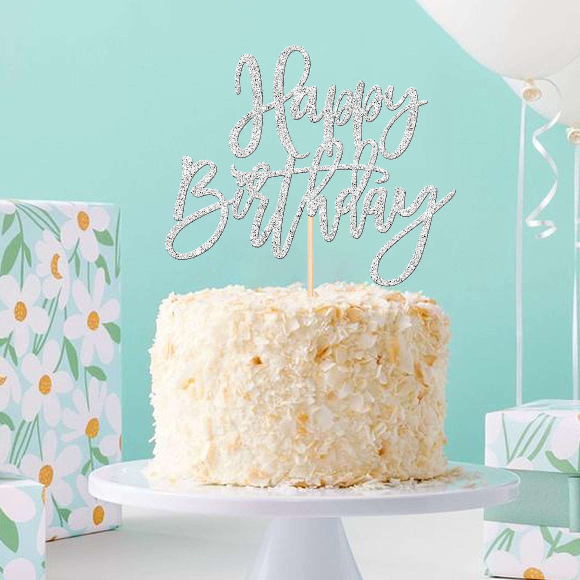 ZHUOWEISM 1pc Happy Birthday Glitter Cake Topper – Silver, Pre-assembled Cake Pick
