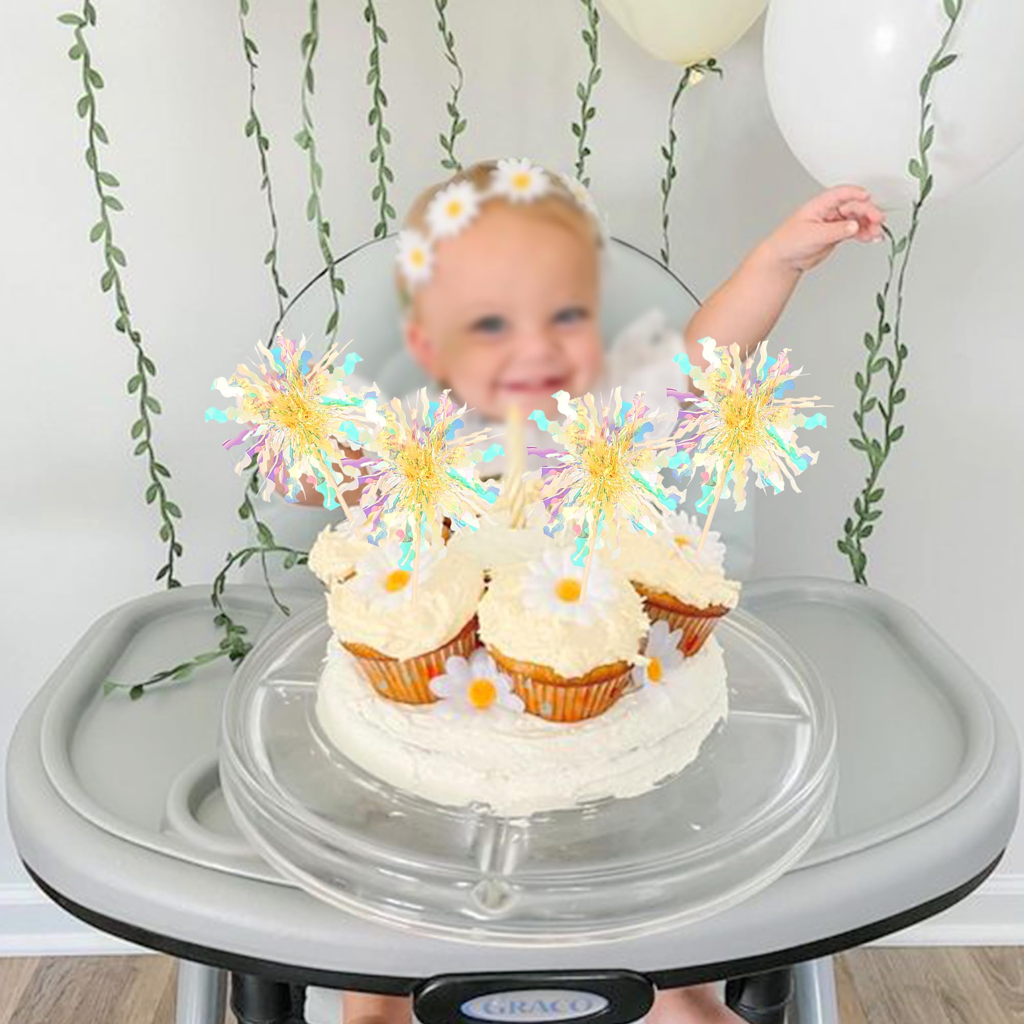ZHUOWEISM 30 Pcs Foil Firework Cupcake Toppers – Sparkle Tinsel Picks for Birthday, Baby Shower, Graduation, Wedding