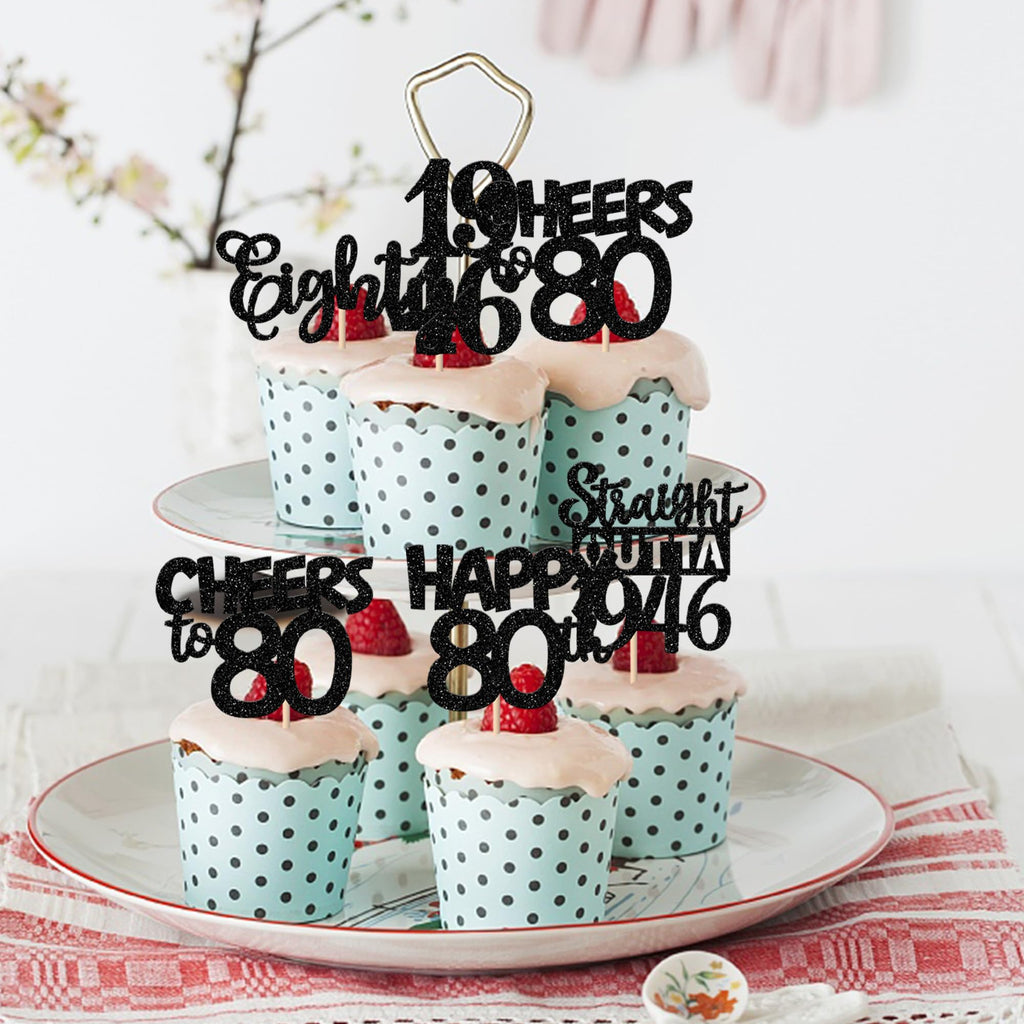 ZHUOWEISM 30Pcs Black Glitter 80th Birthday Cupcake Toppers — Straight Outta 1946 Party Picks