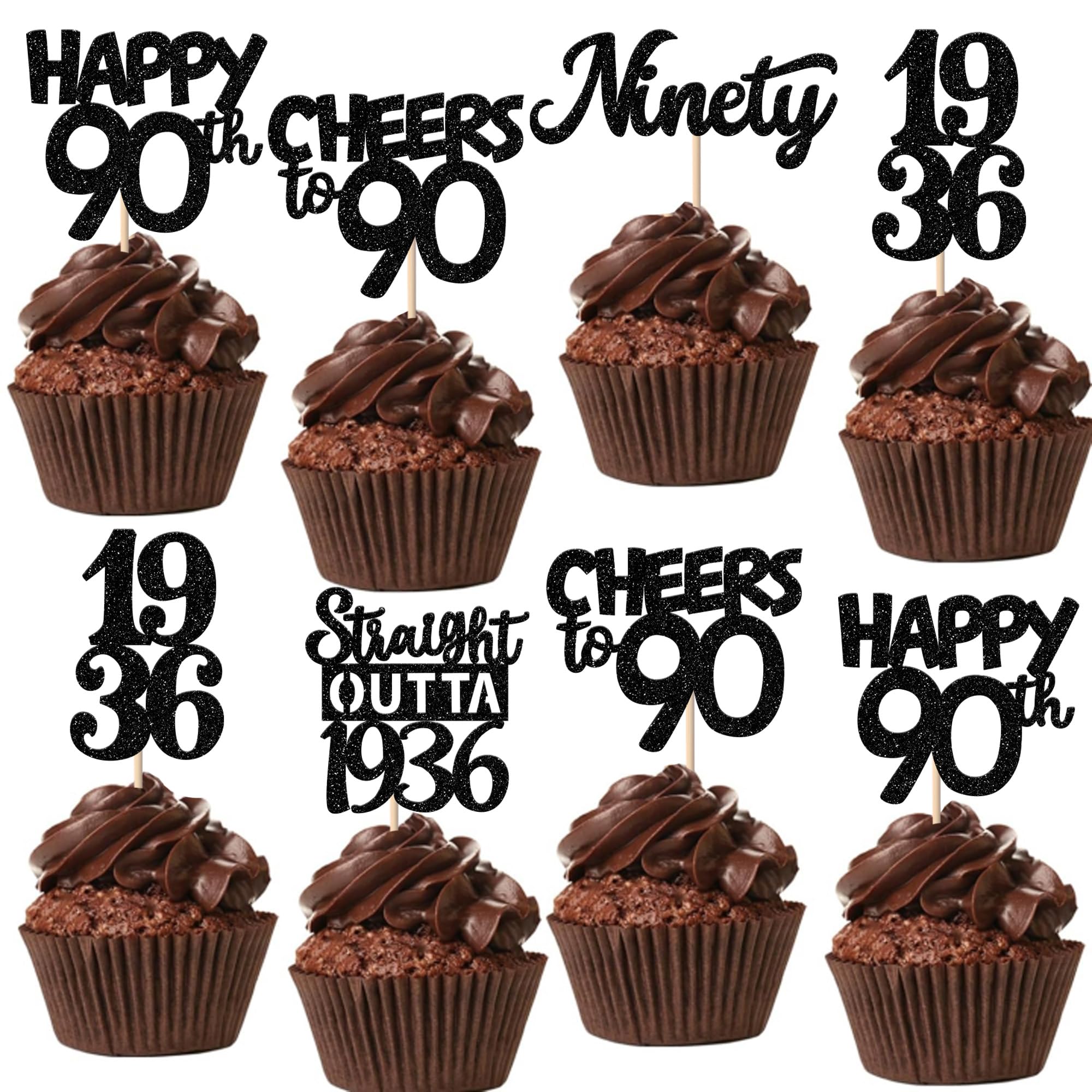 ZHUOWEISM 30pcs Black 90th Birthday Cupcake Toppers Glitter – Straight Outta 1936 Party Picks