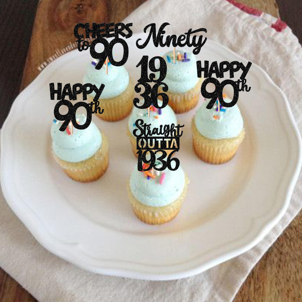 ZHUOWEISM 30pcs Black 90th Birthday Cupcake Toppers Glitter – Straight Outta 1936 Party Picks