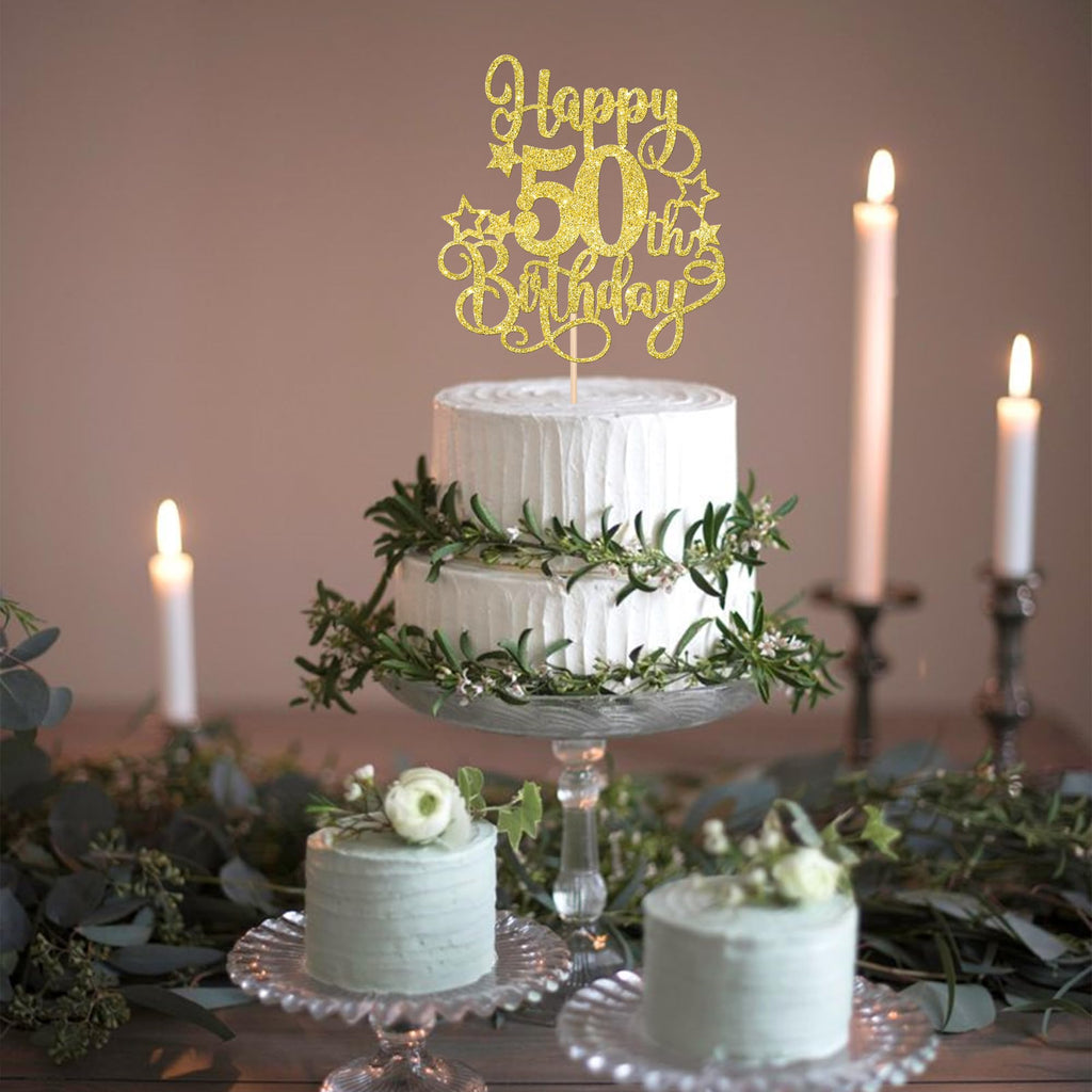 ZHUOWEISM 1-Pcs Happy 50th Birthday Cake Topper Glitter – Cheers to 50 Years Gold