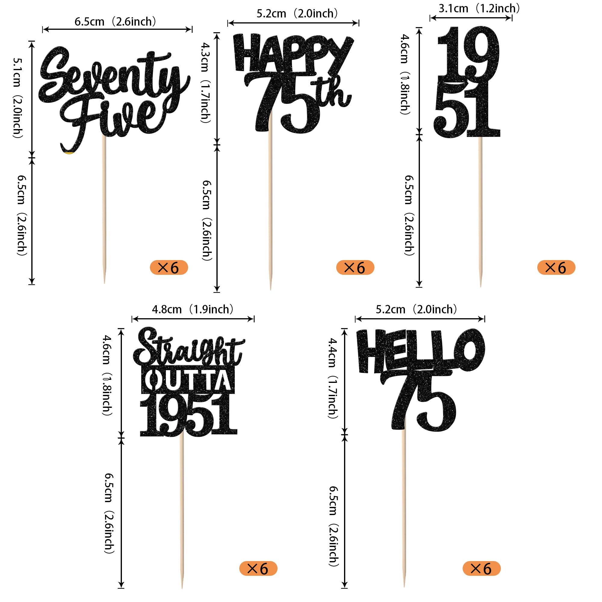 ZHUOWEISM 30Pcs Black Glitter 75th Birthday Cupcake Toppers – Straight Outta 1951 Party Picks