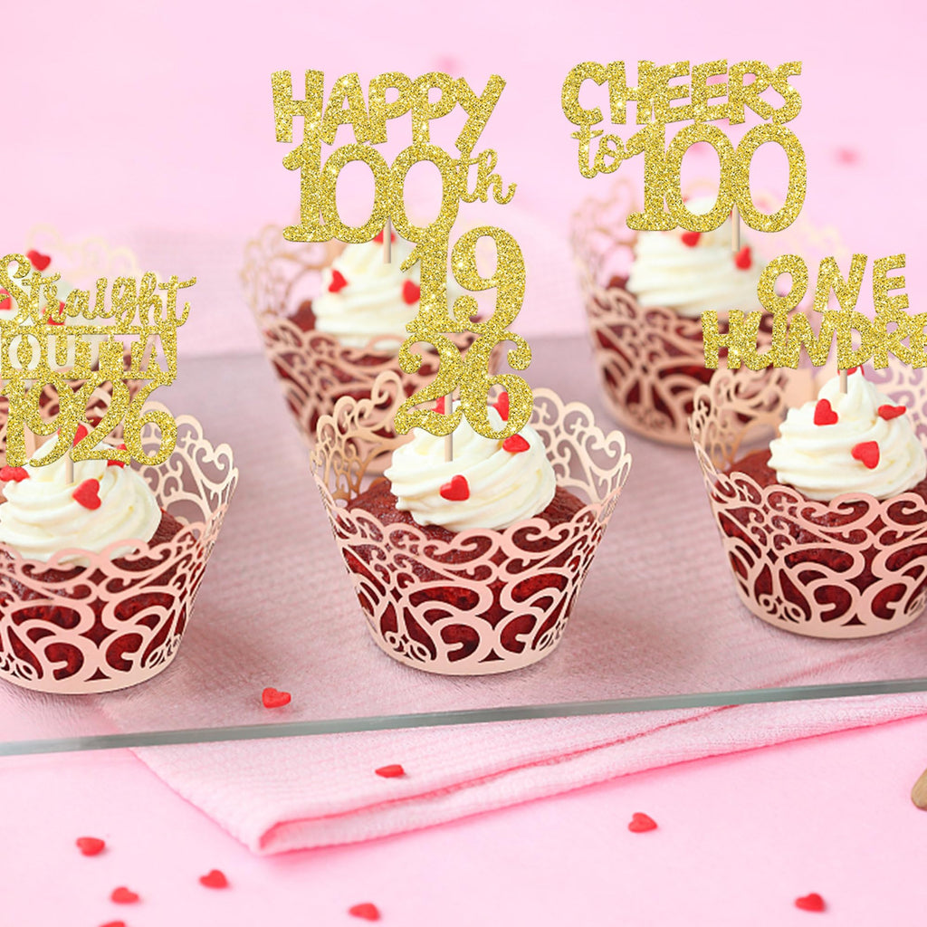 ZHUOWEISM 30PCS Happy 100th Birthday Cupcake Toppers | Gold Glitter, 1926 Theme