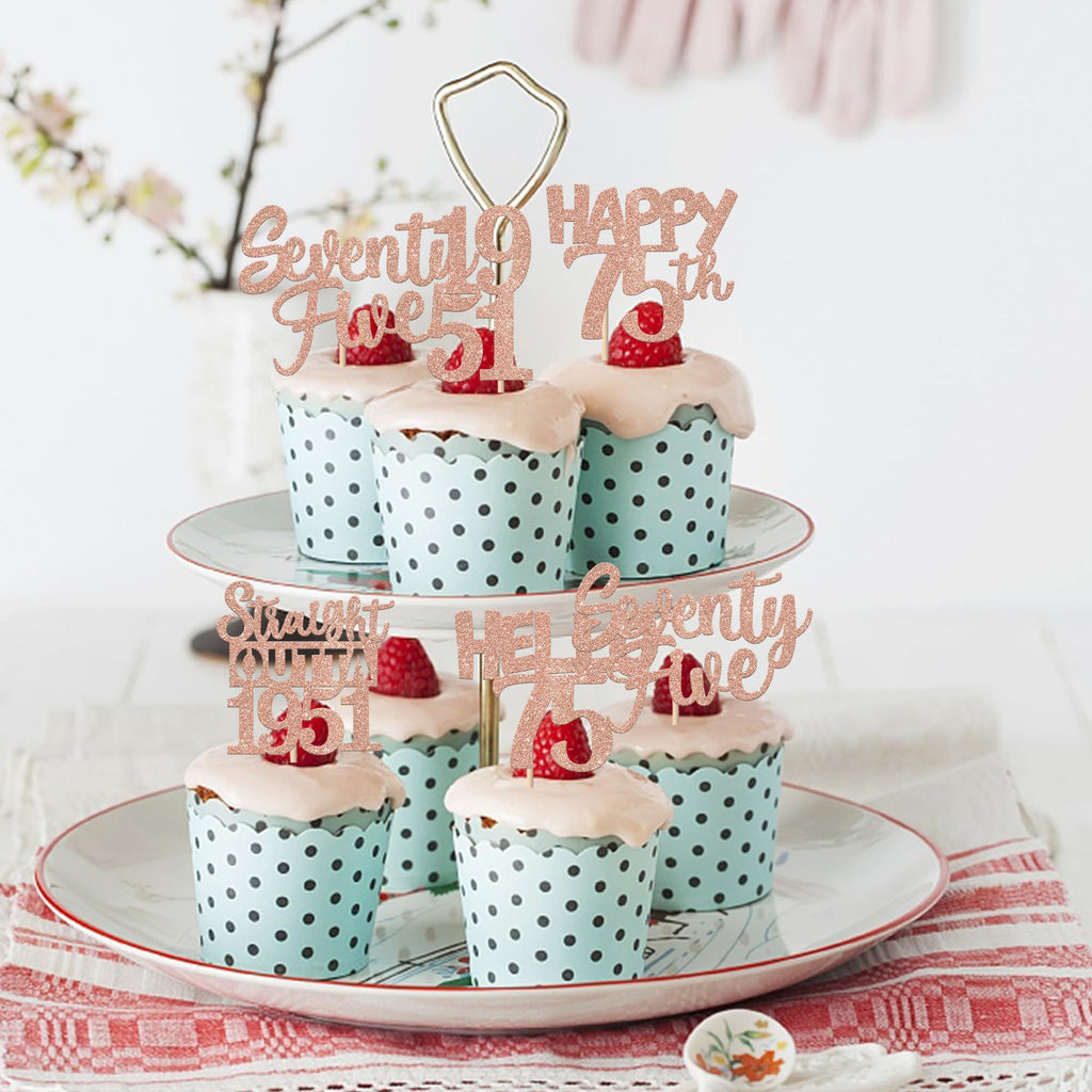 ZHUOWEISM 30Pcs 75th Birthday Cupcake Toppers Glitter Seventy Five - Straight Outta 1951 Rose Gold