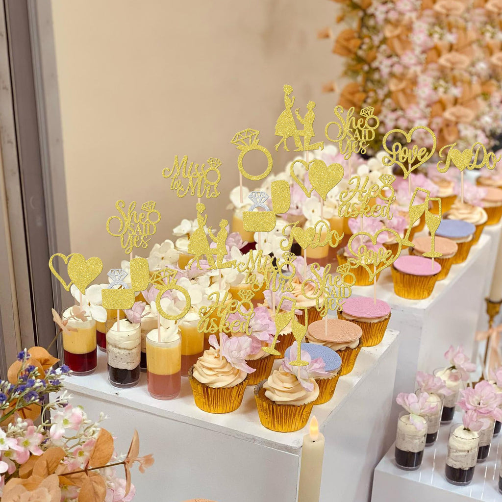 ZHUOWEISM 30-Piece Glitter Cupcake Toppers – He Asked She Said Yes | Miss to Mrs I Do Love Heart Ring