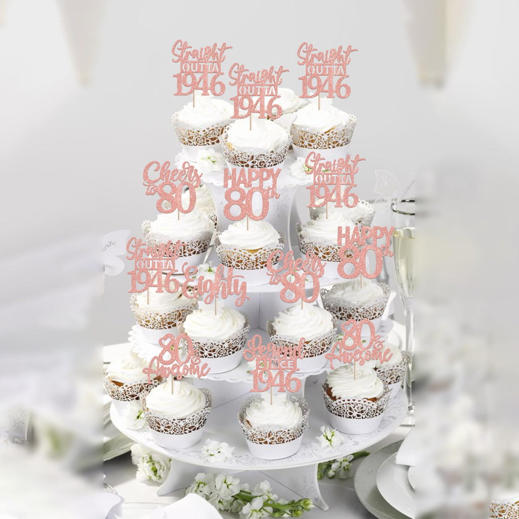 ZHUOWEISM 24Pcs Happy 80th Birthday Cupcake Toppers – Straight Outta 1946 (Rose Gold Glitter)