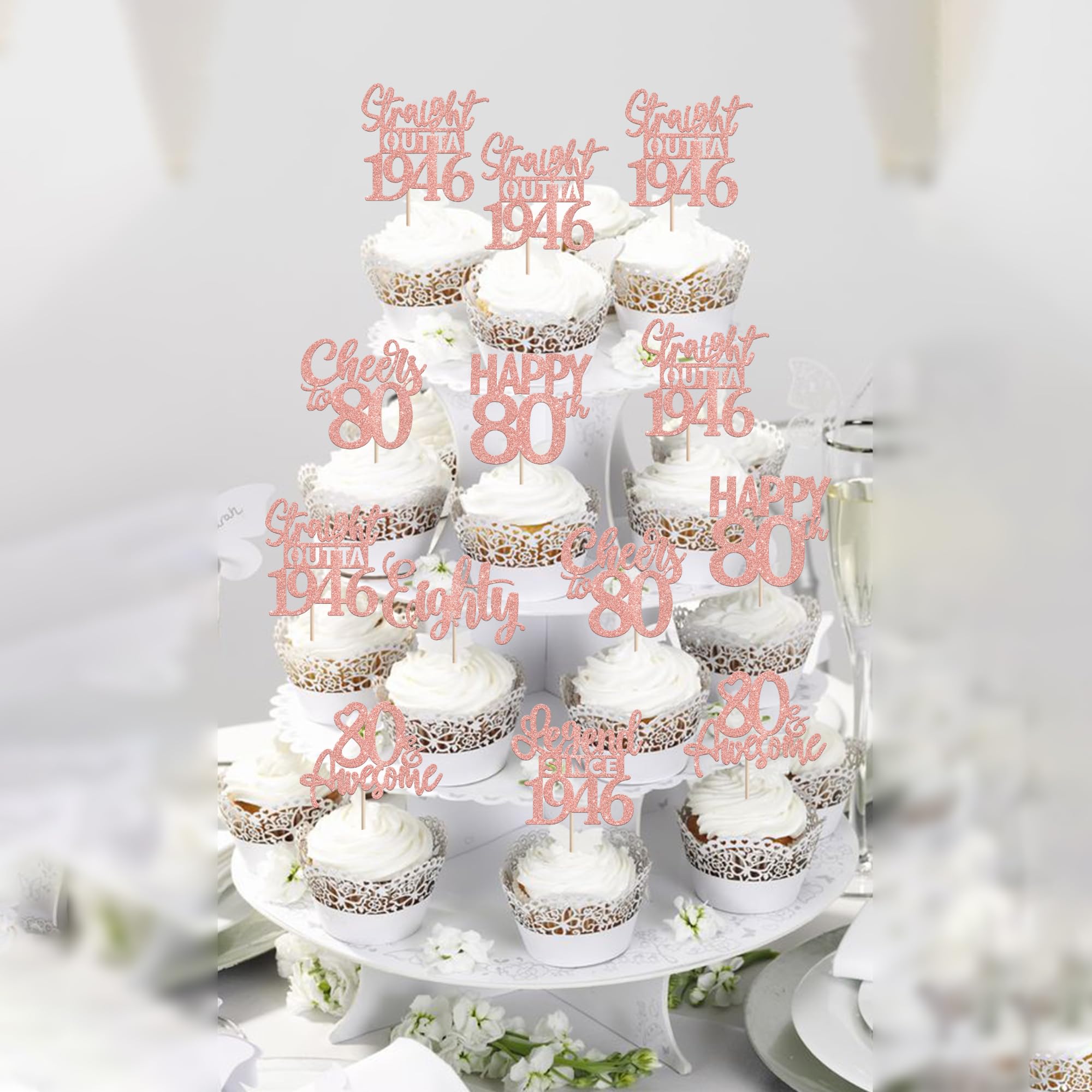 ZHUOWEISM 24Pcs Happy 80th Birthday Cupcake Toppers – Straight Outta 1946 (Rose Gold Glitter)