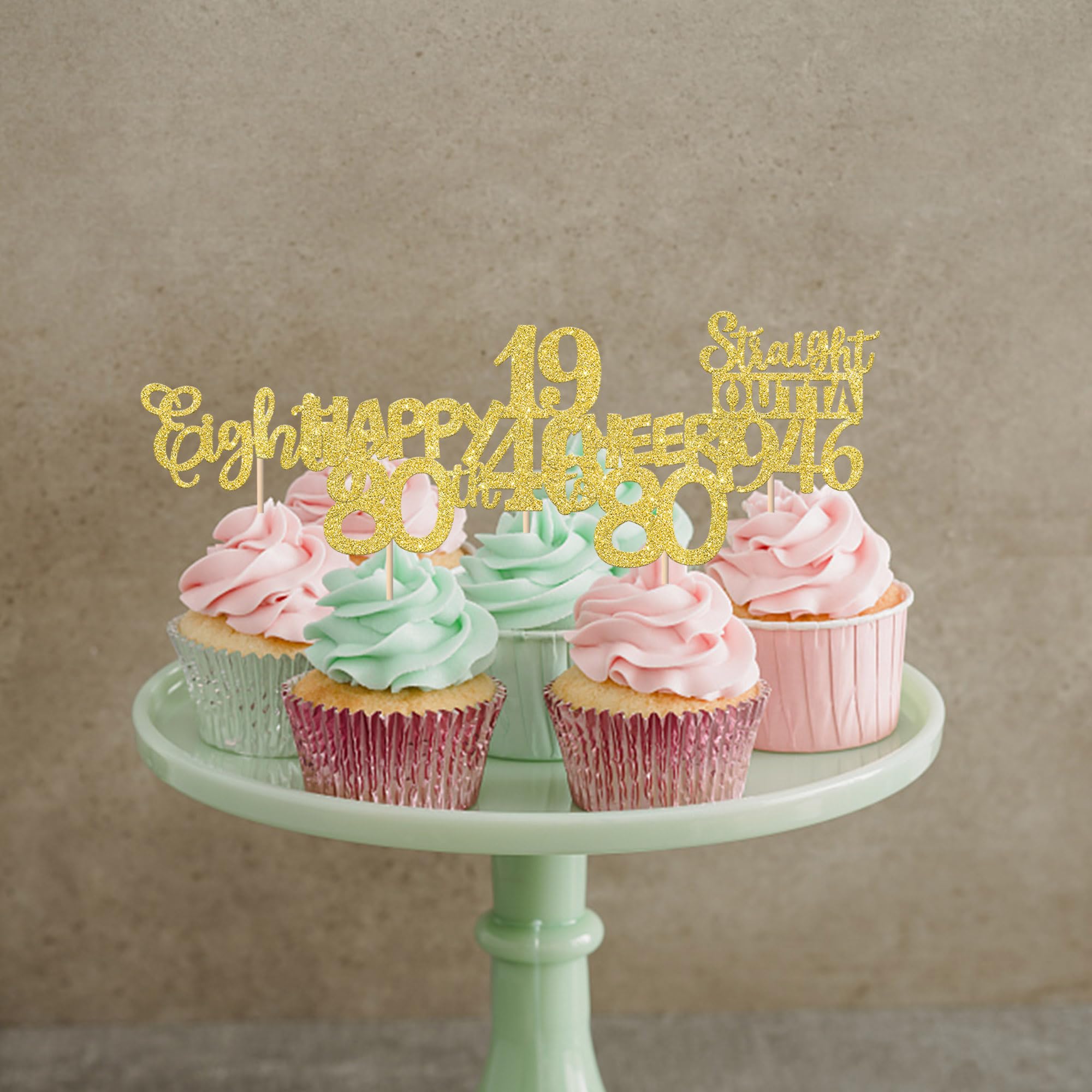 ZHUOWEISM 30Pcs Happy 80th Birthday Cupcake Toppers – Gold Glitter Eighty Straight Outta 1946