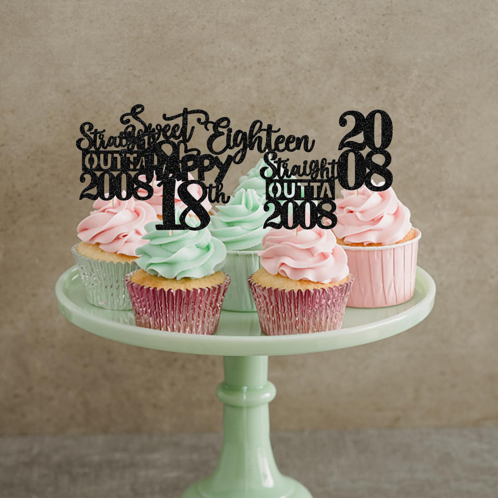 ZHUOWEISM 30Pcs Black Glitter 18th Birthday Cupcake Toppers — Straight Outta 2008 Party Decor