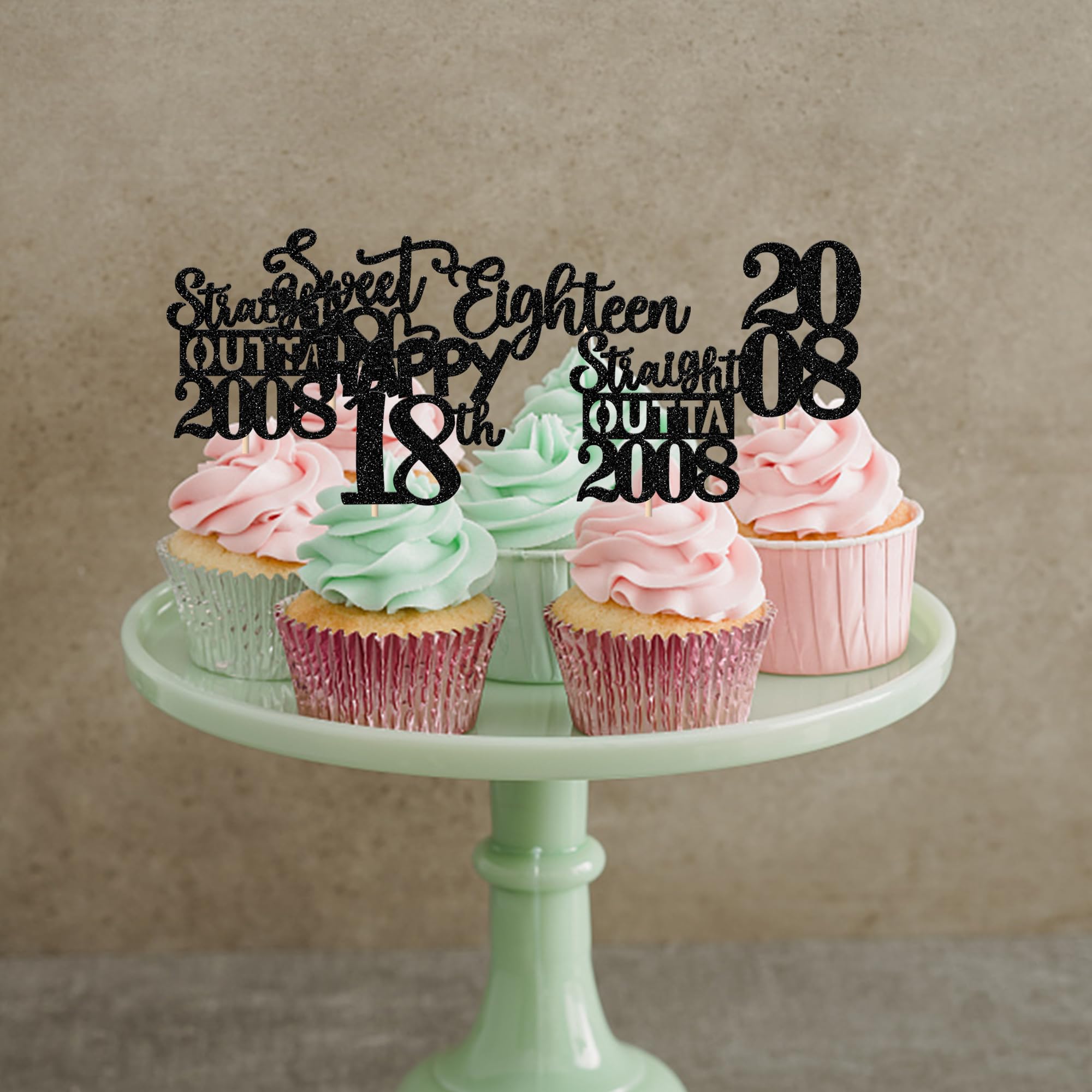 ZHUOWEISM 30Pcs Black Glitter 18th Birthday Cupcake Toppers — Straight Outta 2008 Party Decor