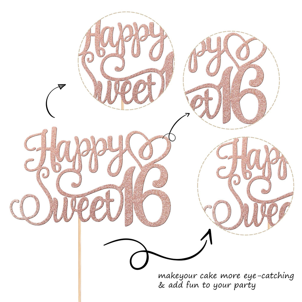 ZHUOWEISM Happy Sweet 16 Cake Topper – Rose Gold Glitter, 6x8.7 in