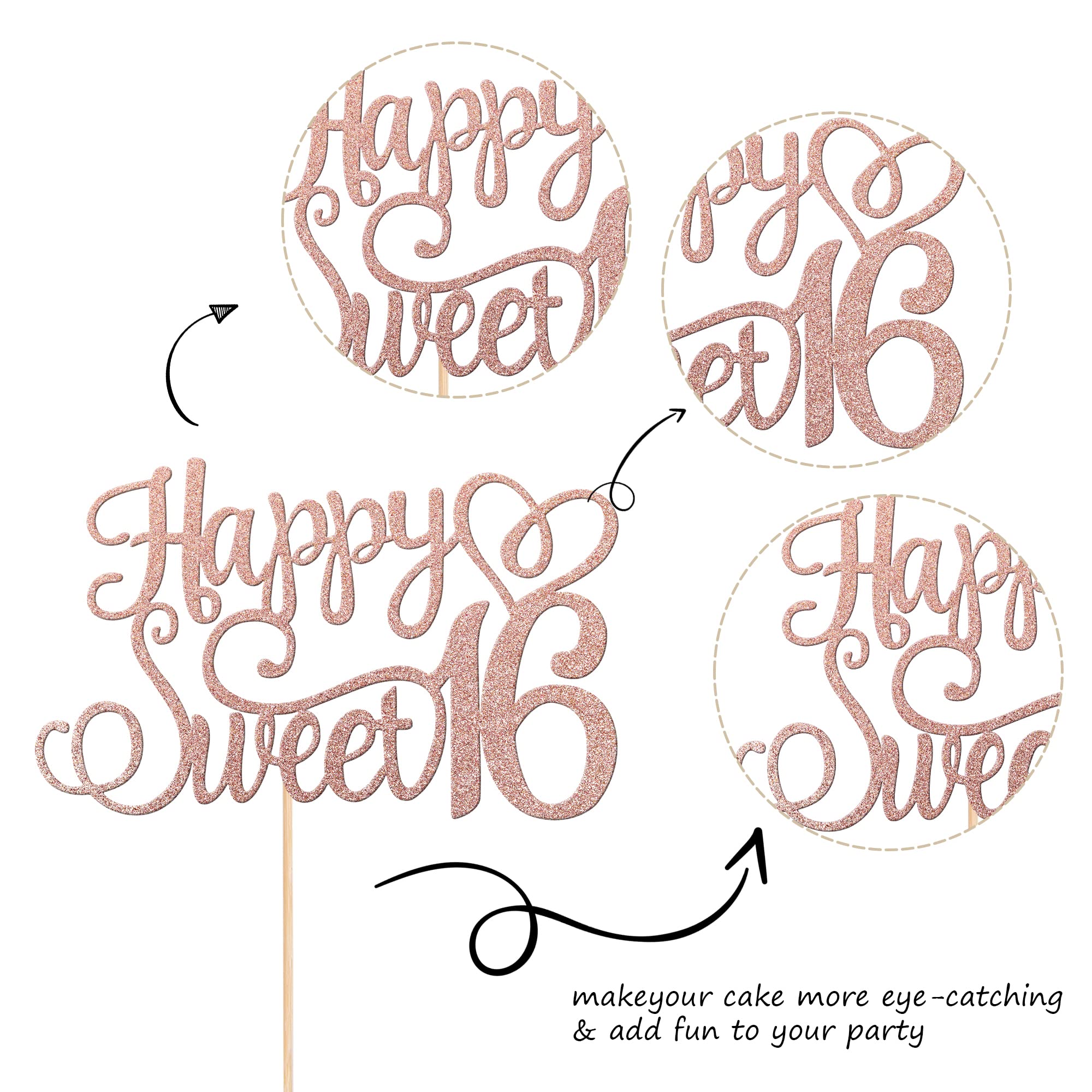 ZHUOWEISM Happy Sweet 16 Cake Topper – Rose Gold Glitter, 6x8.7 in
