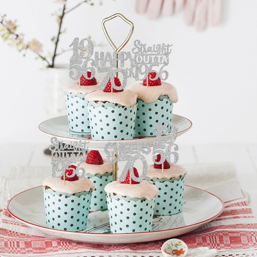 ZHUOWEISM 30 Pcs 70th Birthday Cupcake Toppers – Glitter Seventy Straight Outta 1956 Party Picks