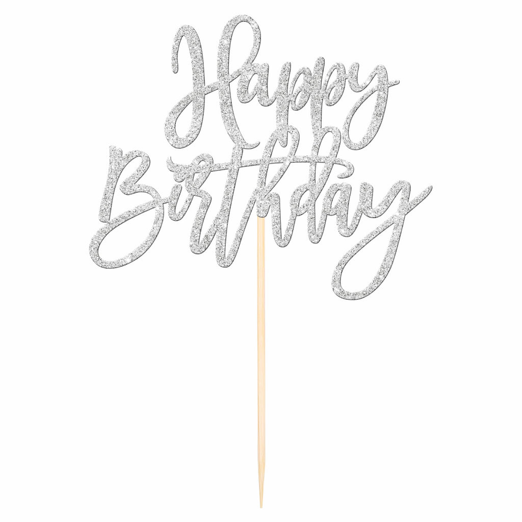 ZHUOWEISM 1pc Happy Birthday Glitter Cake Topper – Silver, Pre-assembled Cake Pick