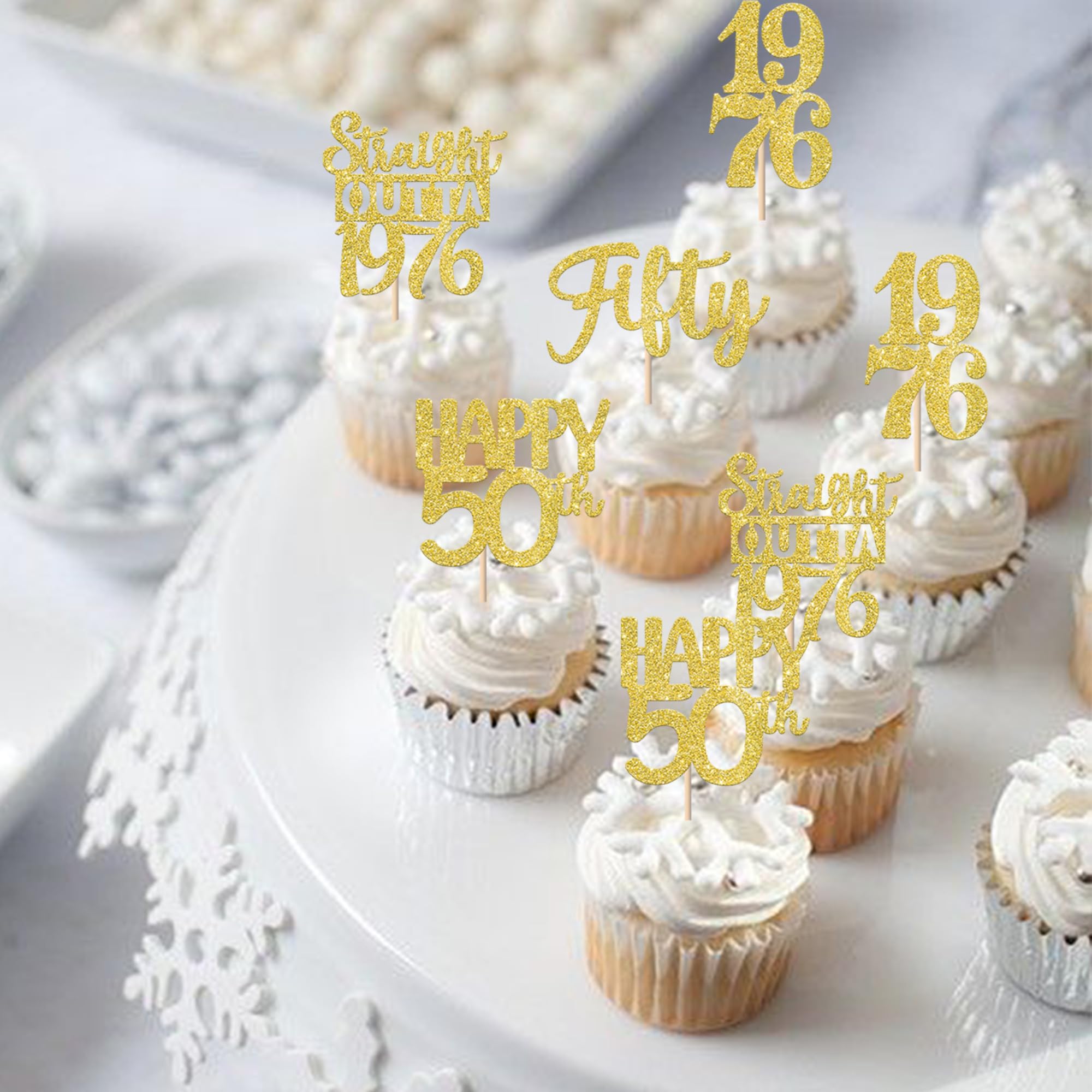 ZHUOWEISM 30Pcs Happy 50th Birthday Cupcake Toppers – Gold Glitter, Straight Outta 1976