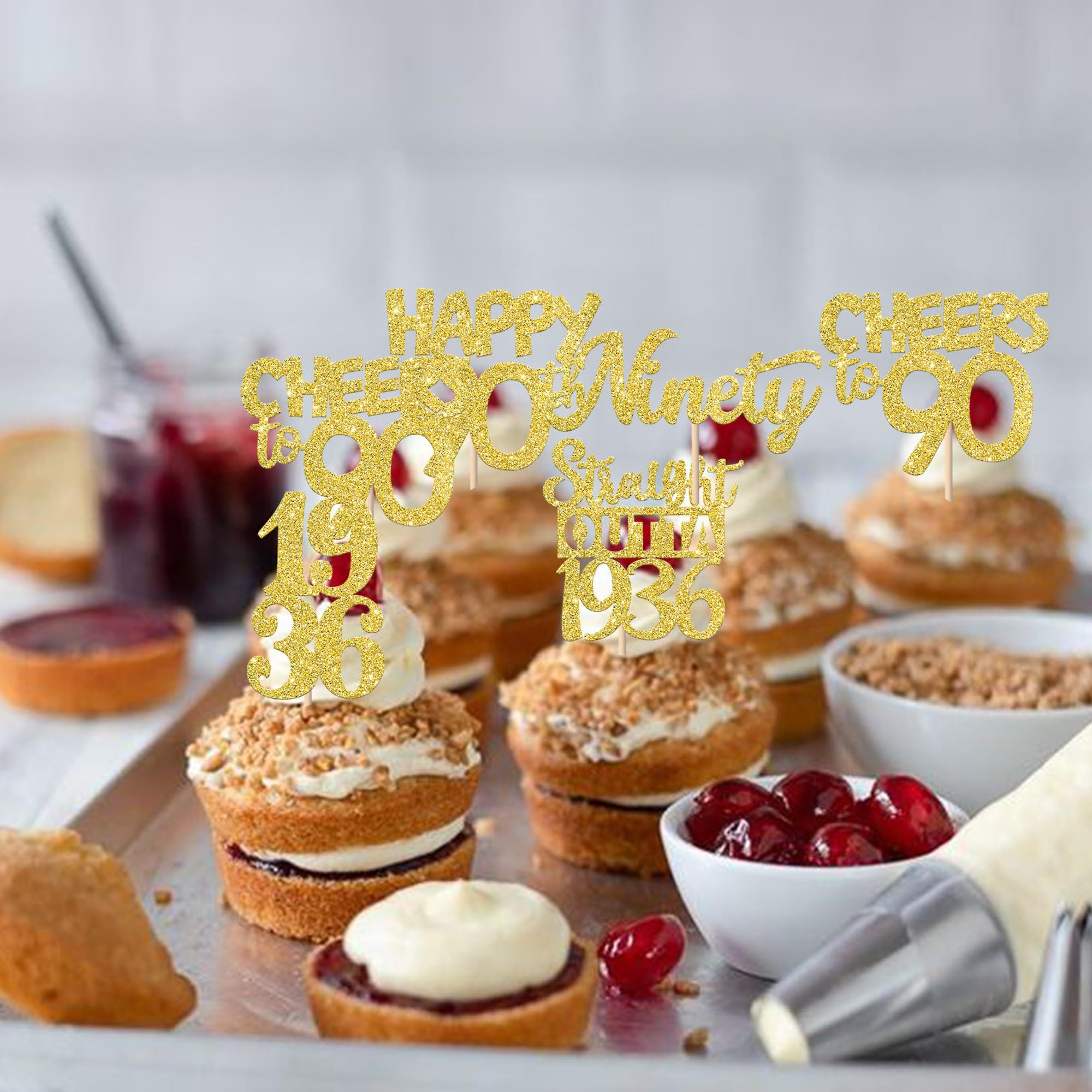 ZHUOWEISM 30Pcs Happy 90th Birthday Cupcake Toppers | Gold Glitter | Straight Outta 1936 - 90 Fabulous Cake Decorations