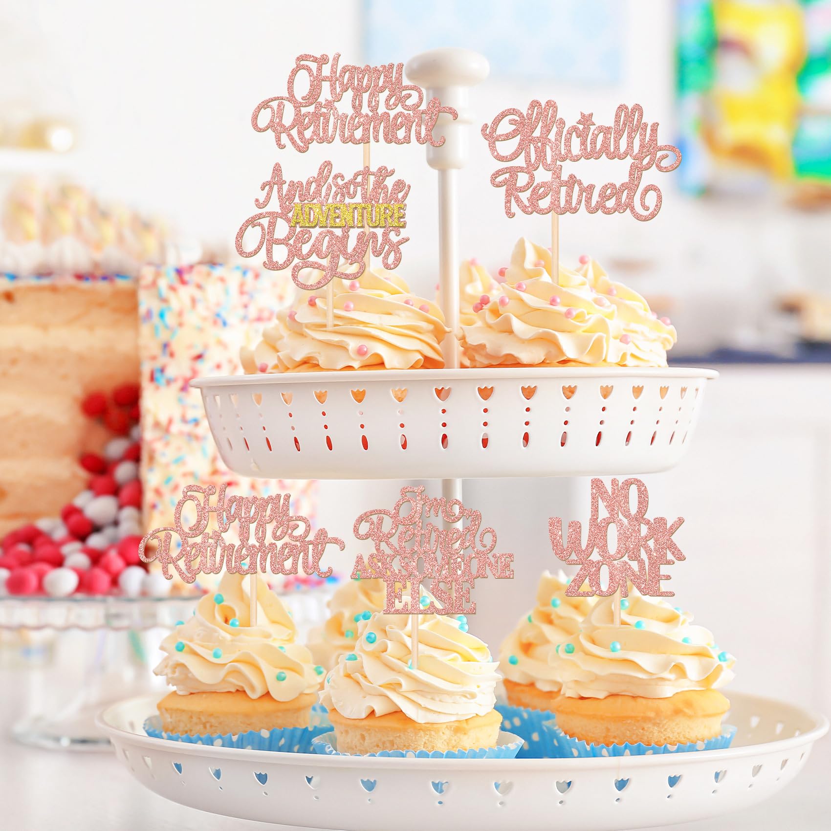 ZHUOWEISM 30 Pcs Happy Retirement Cupcake Toppers – Rose Gold & No Work Zone Adventure Begins