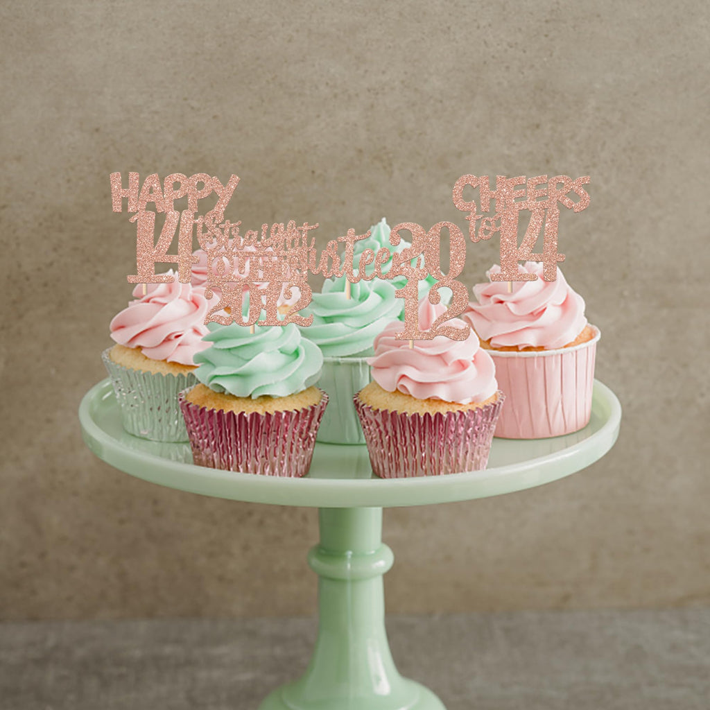 ZHUOWEISM 30Pcs Glitter 14th Birthday Cupcake Toppers - Rose Gold, Straight Outta 2012 Party Picks