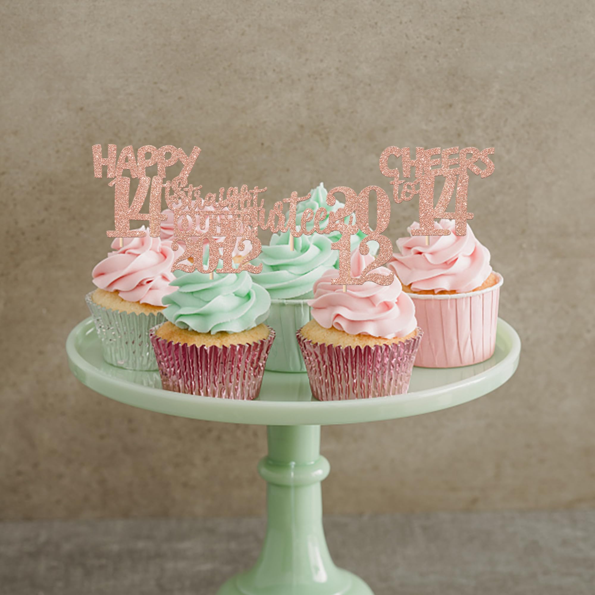 ZHUOWEISM 30Pcs Glitter 14th Birthday Cupcake Toppers - Rose Gold, Straight Outta 2012 Party Picks