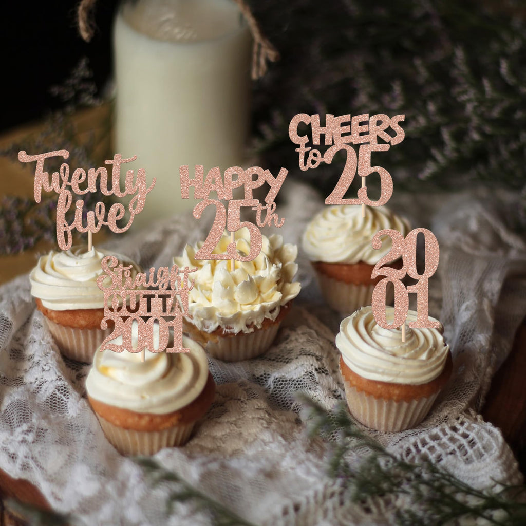 ZHUOWEISM 30Pcs Rose Gold 25th Birthday Cupcake Toppers Glitter – Straight Outta 2001