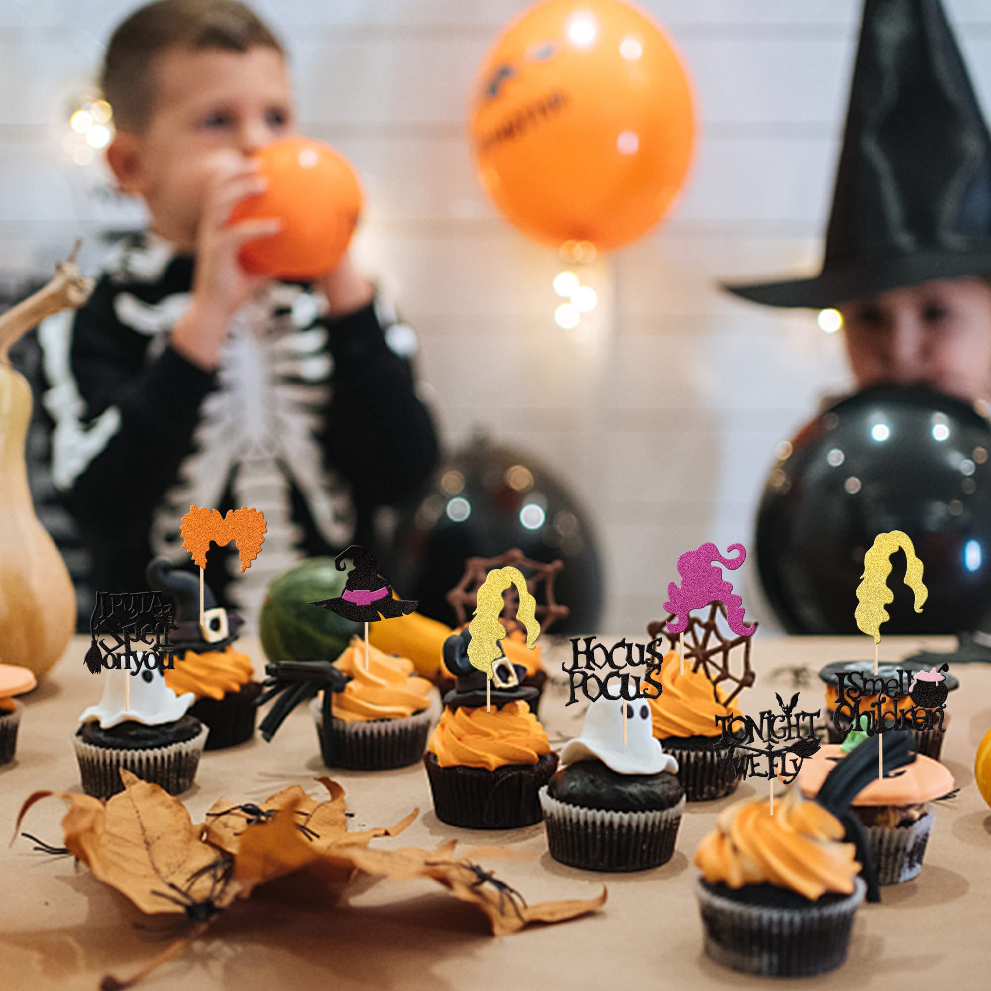 ZHUOWEISM 32 Pcs Hocus Pocus Cupcake Toppers – Glitter Witch Hat Picks for Halloween Party