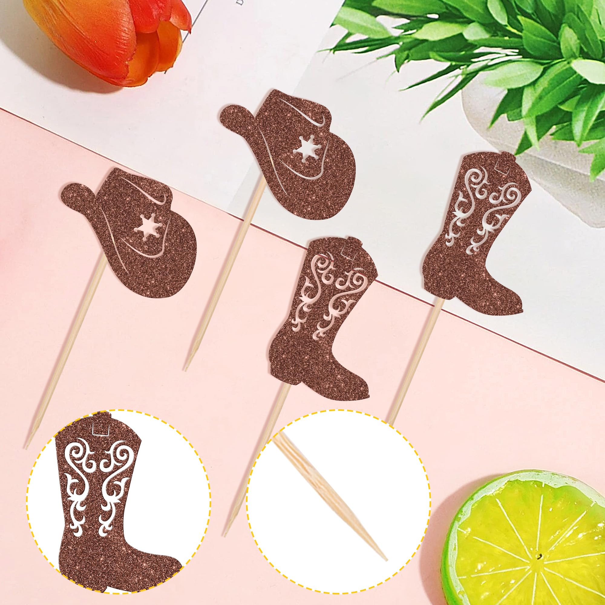 ZHUOWEISM 24-Piece Cowboy Cupcake Toppers — Glitter Hats & Boots