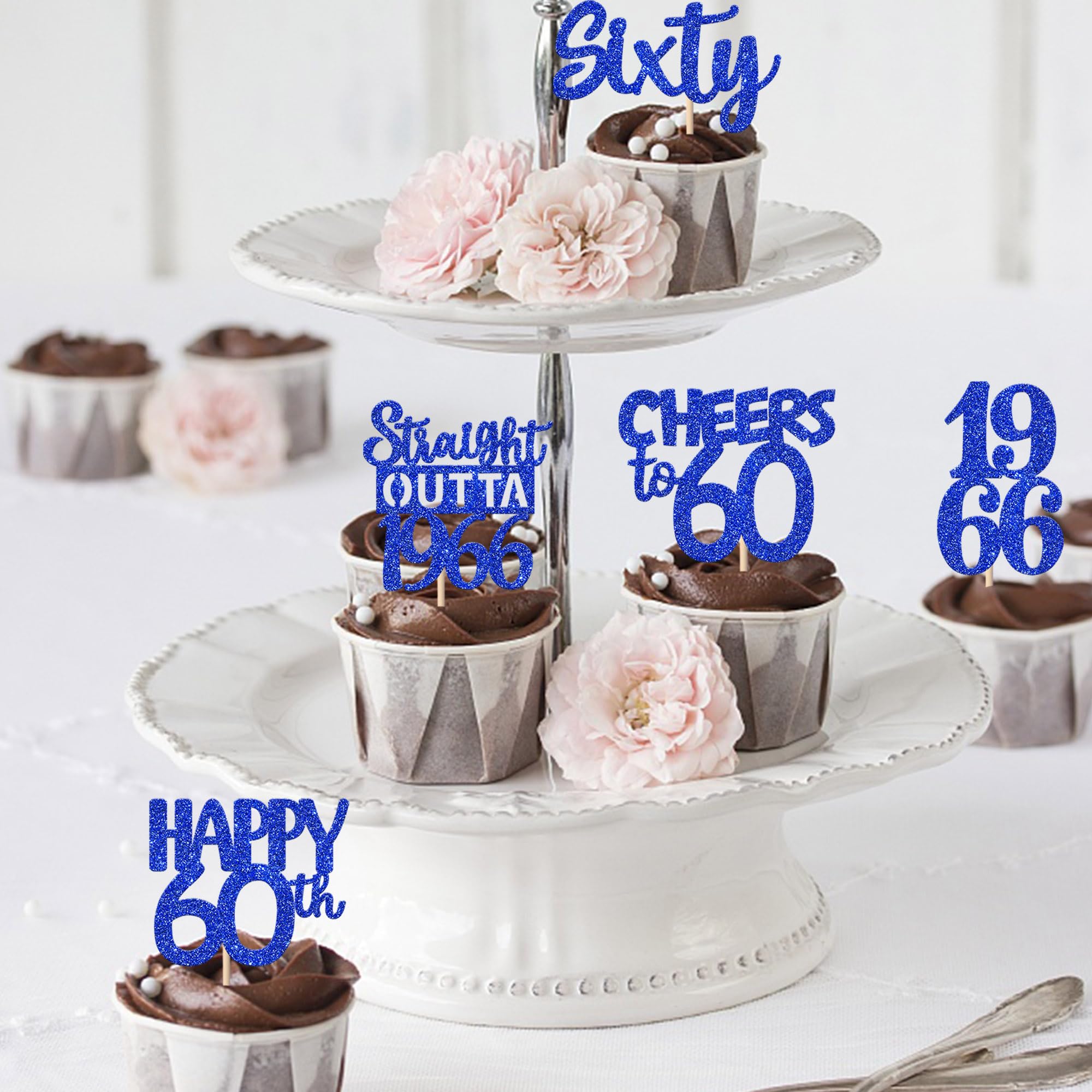 ZHUOWEISM 30 PCS 60th Birthday Cupcake Toppers – Glitter Straight Outta 1966, Blue