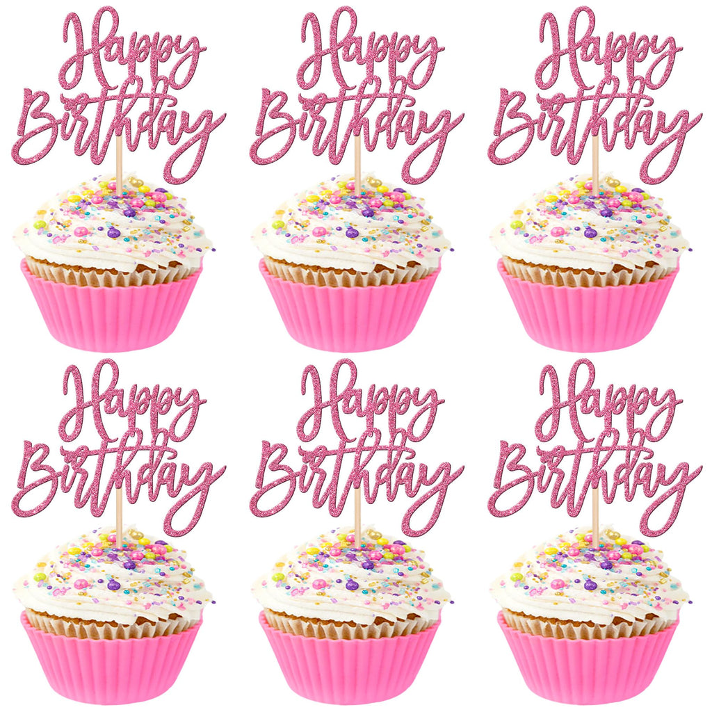 ZHUOWEISM 24-Pcs Glitter Cupcake Toppers – Happy Birthday & Anniversary Picks – Pink