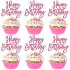 ZHUOWEISM 24-Pcs Glitter Cupcake Toppers – Happy Birthday & Anniversary Picks – Pink