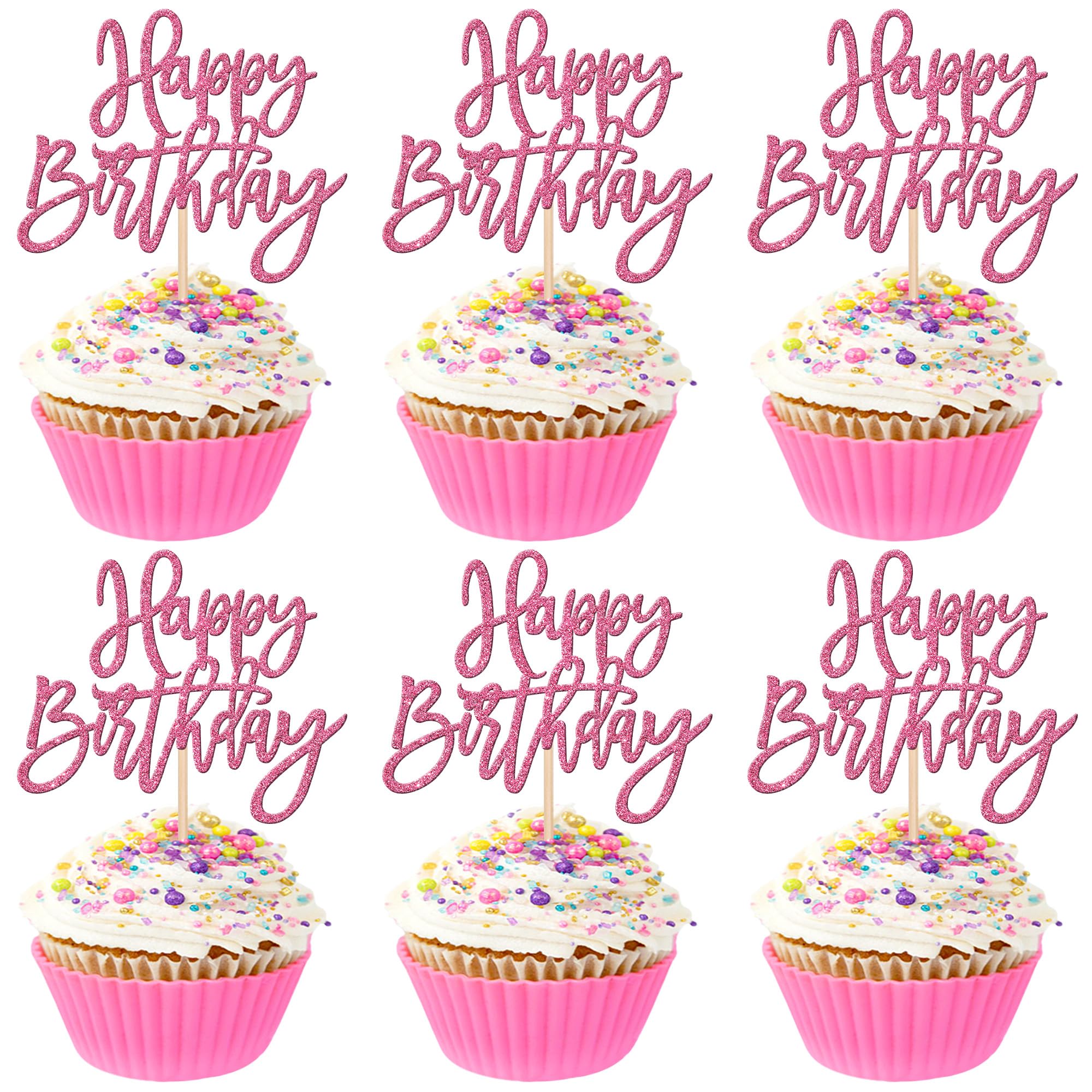 ZHUOWEISM 24-Pcs Glitter Cupcake Toppers – Happy Birthday & Anniversary Picks – Pink