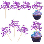 ZHUOWEISM 24 PCS Glitter Happy Birthday Cupcake Toppers – Purple Party Picks